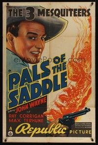 5a003 PALS OF THE SADDLE 1sh '38 wonderful c/u of young John Wayne holding gun + cool art!