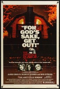 5b043 AMITYVILLE HORROR 1sh '79 AIP, great image of haunted house, for God's sake get out!