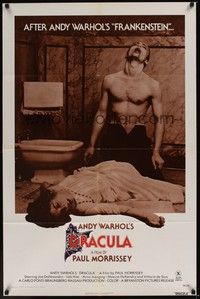5b044 ANDY WARHOL'S DRACULA 1sh '74 Paul Morrissey, wild image of vampire Udo Kier over victim!