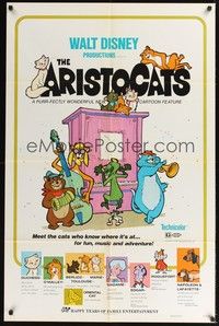 5b055 ARISTOCATS 1sh R73 Walt Disney feline jazz musical cartoon, great colorful art!