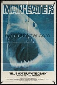 5b119 BLUE WATER, WHITE DEATH 1sh '71 cool super close image of great white shark with open mouth!