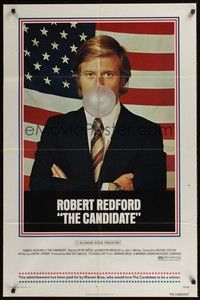 5b158 CANDIDATE 1sh '72 great image of candidate Robert Redford blowing a bubble!