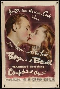 5b202 CONFIDENTIAL AGENT 1sh '45 romantic close-up of Charles Boyer kissing Lauren Bacall!