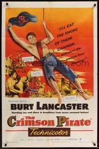 5b213 CRIMSON PIRATE 1sh '52 great image of barechested Burt Lancaster swinging on rope!