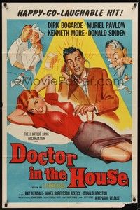 5b257 DOCTOR IN THE HOUSE 1sh '55 great art of Dr. Dirk Bogarde examining super sexy babe!
