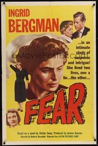 5b314 FEAR 1sh '56 great close-up art of Ingrid Bergman, Roberto Rossellini's La Paura!