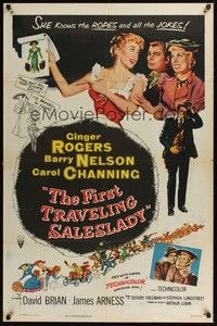 5b323 FIRST TRAVELING SALESLADY 1sh '56 Ginger Rogers sells barbed-wire in Texas!