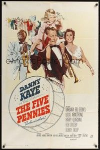 5b325 FIVE PENNIES 1sh '59 great artwork of Danny Kaye, Louis Armstrong & Barbara Bel Geddes!