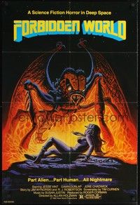 5b336 FORBIDDEN WORLD 1sh '82 Roger Corman, cool sci-fi art of monster attacking sexy girl!