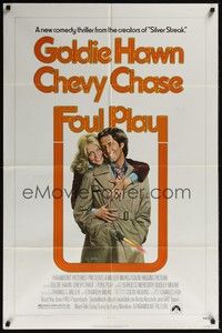 5b338 FOUL PLAY 1sh '78 wacky Lettick art of Goldie Hawn & Chevy Chase, screwball comedy!
