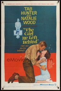 5b360 GIRL HE LEFT BEHIND 1sh '56 romantic image of Tab Hunter about to kiss Natalie Wood!