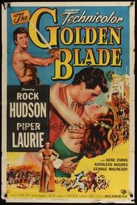 5b371 GOLDEN BLADE 1sh '53 close-up art of Rock Hudson & sexy Piper Laurie!