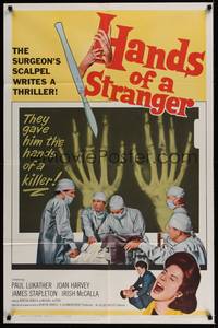 5b401 HANDS OF A STRANGER 1sh '62 cool hand transplant surgery & X-ray image!