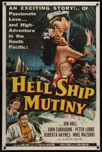 5b411 HELL SHIP MUTINY 1sh '57 Jon Hall kisses tropical bikini babe, John Carradine, Peter Lorre