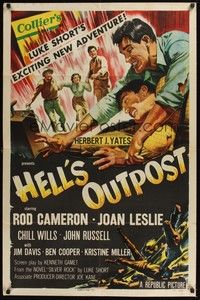 5b413 HELL'S OUTPOST 1sh '55 c/u of Rod Cameron choking John Russell as Joan Leslie watches!