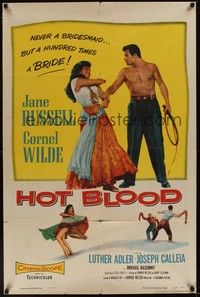 5b428 HOT BLOOD 1sh '56 great image of barechested Cornel Wilde grabbing Jane Russell!