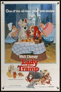 5b490 LADY & THE TRAMP 1sh R80 Walt Disney romantic canine dog classic cartoon!