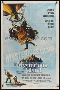 5b595 MYSTERIOUS ISLAND 1sh '61 Ray Harryhausen, Jules Verne sci-fi, cool hot-air balloon art!