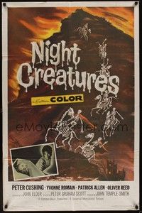 5b608 NIGHT CREATURES 1sh '62 Hammer, great horror art of skeletons riding skeleton horses!