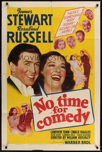 5b615 NO TIME FOR COMEDY 1sh '40 great romantic close up of Jimmy Stewart & Rosalind Russell!