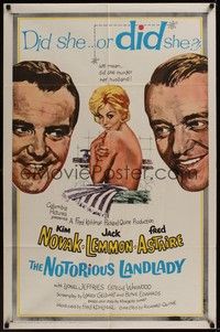 5b617 NOTORIOUS LANDLADY 1sh '62 art of sexy naked Kim Novak between Jack Lemmon & Fred Astaire!