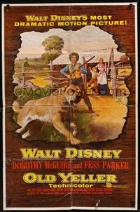 5b627 OLD YELLER 1sh '57 Dorothy McGuire, Fess Parker, art of Walt Disney's most classic canine!