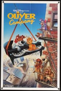 5b628 OLIVER & COMPANY 1sh '88 great art of Walt Disney cats & dogs in New York City!