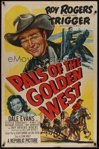 5b649 PALS OF THE GOLDEN WEST 1sh '51 great artwork of Roy Rogers, Trigger, Dale Evans!