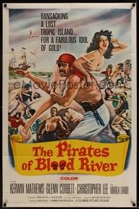 5b666 PIRATES OF BLOOD RIVER 1sh '62 great art of buccaneer carrying sexy babe, Hammer!
