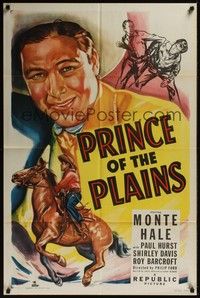 5b676 PRINCE OF THE PLAINS 1sh '49 cool art of cowboy Monte Hale close up & riding his horse!
