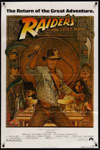 5b684 RAIDERS OF THE LOST ARK 1sh R82 great art of adventurer Harrison Ford by Richard Amsel!