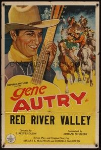 5b691 GENE AUTRY stock 1sh '36 artwork of smiling Gene Autry playing guitar, Red River Valley!