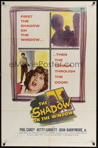 5b729 SHADOW ON THE WINDOW 1sh '57 super close up of Betty Garrett scared for her life!