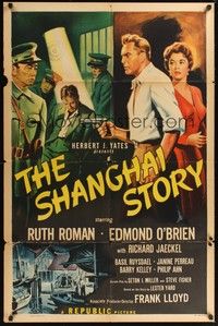 5b734 SHANGHAI STORY style A 1sh '54 art of sexy Ruth Roman & Edmond O'Brien in Chinese prison!