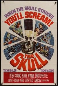5b748 SKULL 1sh '65 Peter Cushing, Christopher Lee, cool horror artwork of creepy skull!