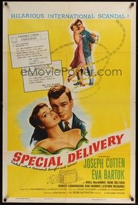 5b760 SPECIAL DELIVERY style B 1sh '55 Cotten & Eva Bartok in a hilarious international scandal!