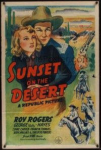 5b785 SUNSET ON THE DESERT 1sh '42 great close image of cowboy Roy Rogers, Lynne Carver!