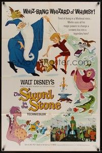 5b798 SWORD IN THE STONE style A 1sh '64 Disney's cartoon of young King Arthur & Merlin the Wizard!