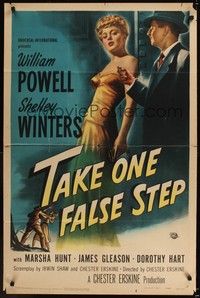 5b801 TAKE ONE FALSE STEP 1sh '49 full-length art of William Powell & sexy Shelley Winters!