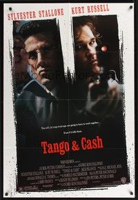 5b808 TANGO & CASH 1sh '89 close-ups of Kurt Russell & Sylvester Stallone w/guns!