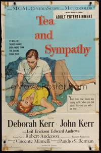 5b810 TEA & SYMPATHY 1sh '56 great artwork of Deborah Kerr & John Kerr by Gale, classic tagline!