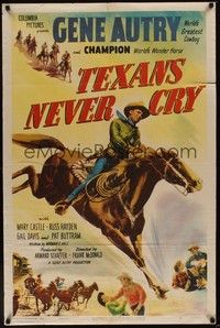 5b815 TEXANS NEVER CRY 1sh '51 great artwork of cowboy Gene Autry riding Champion!