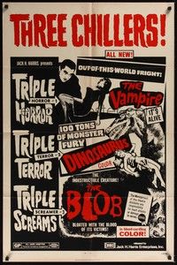 5b905 VAMPIRE/DINOSAURUS/BLOB 1sh '71 B movie chiller horror triple bill!
