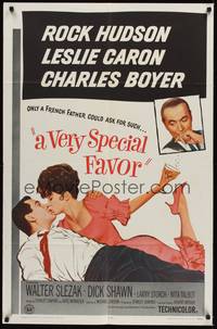 5b911 VERY SPECIAL FAVOR 1sh '65 Charles Boyer, Rock Hudson tries to unwind sexy Leslie Caron!