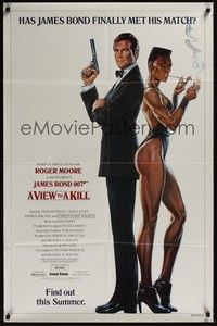 5b914 VIEW TO A KILL advance 1sh '85 art of Roger Moore James Bond & smoking Grace Jones by Gouzee!