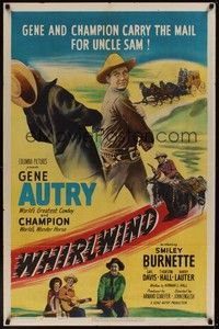 5b942 WHIRLWIND 1sh '51 great image of Gene Autry punching, Champion, Smiley Burnette!