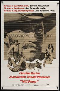 5b955 WILL PENNY 1sh '68 close up of cowboy Charlton Heston, Joan Hackett, Donald Pleasance!