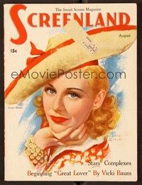 5d095 SCREENLAND magazine August 1937 art of pretty Ginger Rogers in cool hat by Marland Stone!
