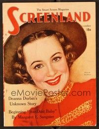 5d099 SCREENLAND magazine December 1937 art of Olivia De Havilland wearing hat by Marland Stone!