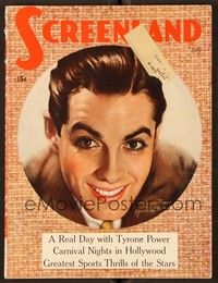 5d094 SCREENLAND magazine July 1937 art portrait of smiling Tyrone Power by Marland Stone!